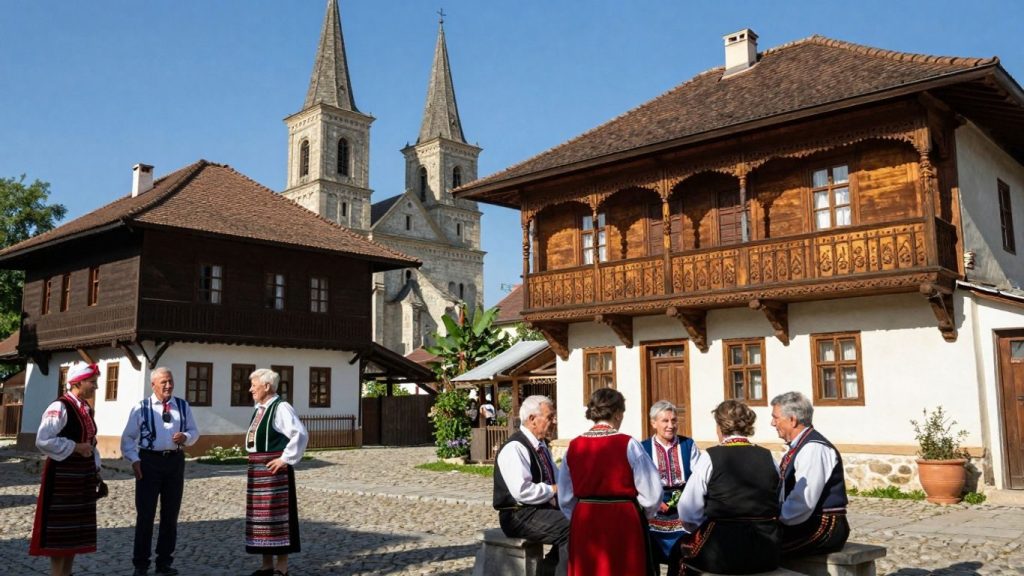 Patrimoniu cultural: case tradiționale, oameni în costume populare.