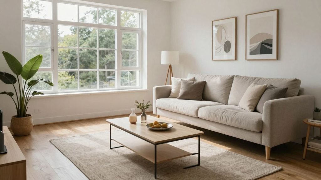 Cameră de zi minimalistă, luminoasă și confortabilă.