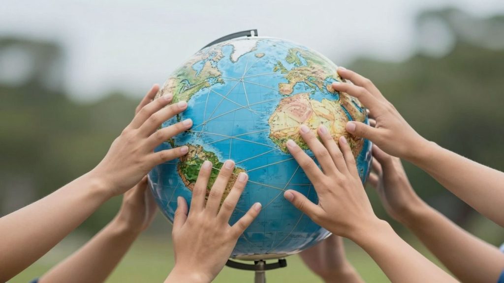 Glob interconectat cu mâini din diverse regiuni.