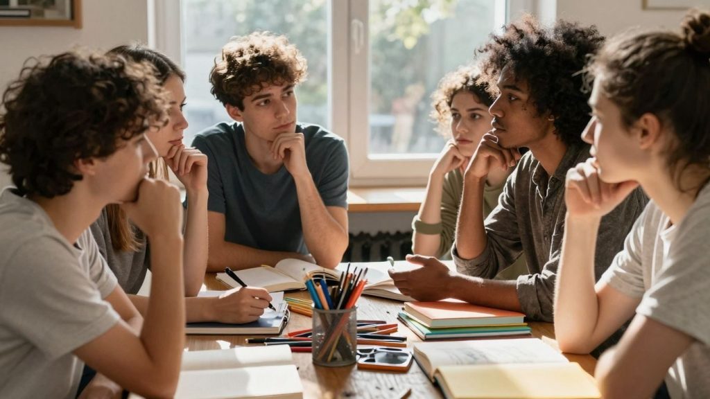 Grup de tineri discutând despre educație culturală și gândire critică.