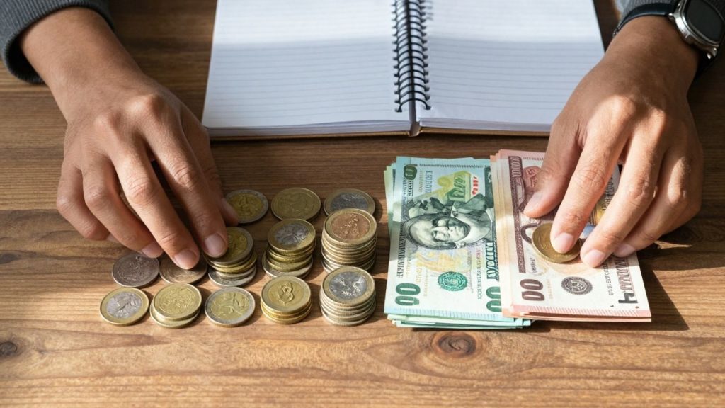 Persoană aranjând bani și monede pe o masă.