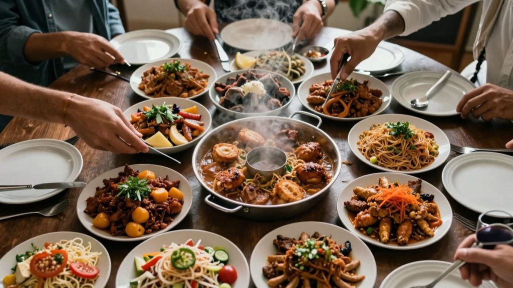 Mâncare diversă pe o masă, oameni împărțind o masă.