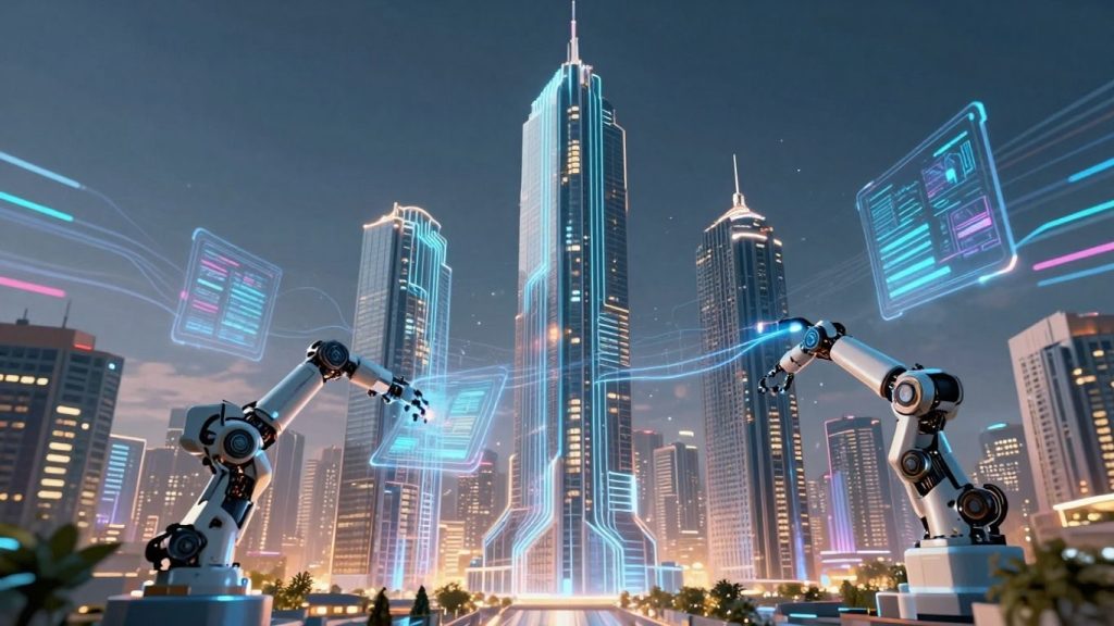 Oraș futurist cu circuite digitale și roboți.