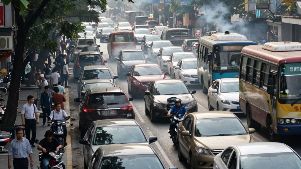 Trafic urban aglomerat, mașini, poluare, pietoni stresați.