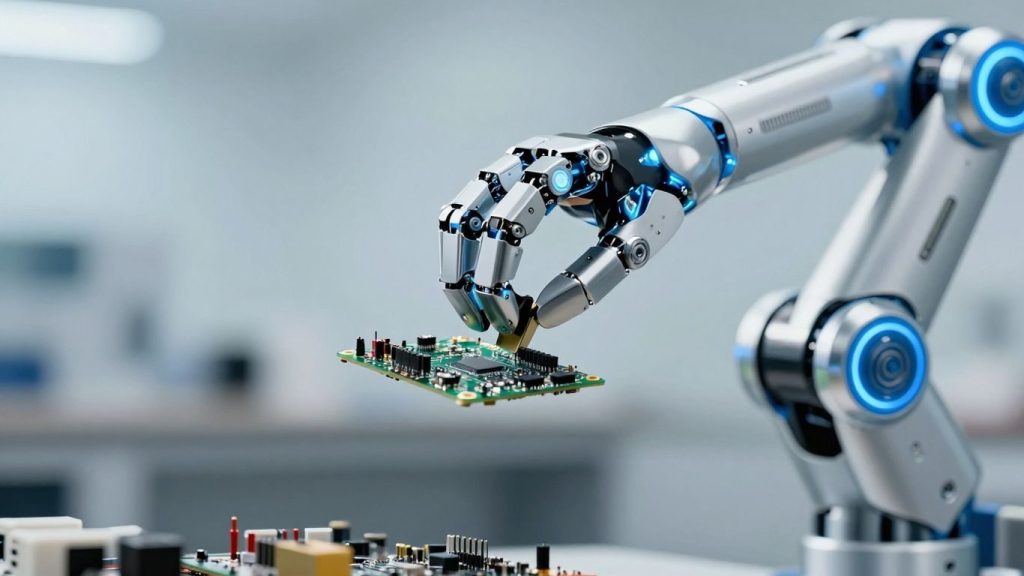 Braț robotic modern ținând o placă de circuit.