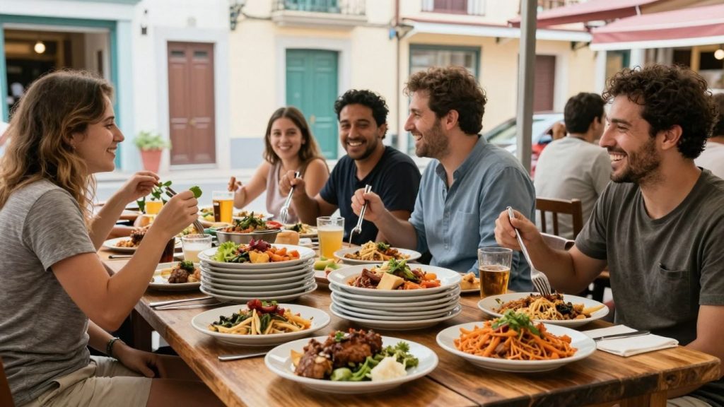 Oameni bucurându-se de mâncare autentică la un restaurant local.