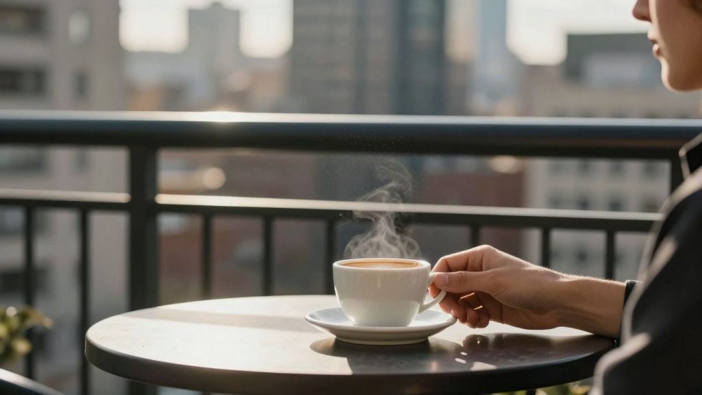 Persoană relaxată savurând cafeaua pe balcon.