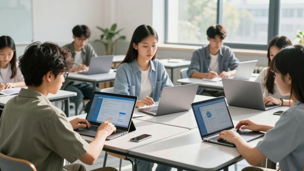 Elevi folosind dispozitive digitale în sala de clasă modernă.