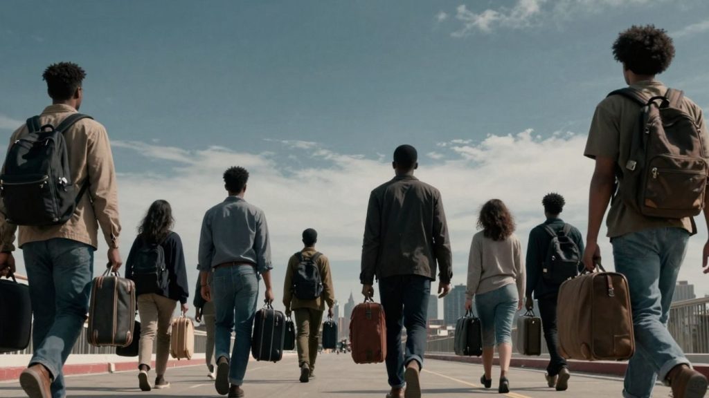 Oameni cu valize călătorind spre un oraș îndepărtat.