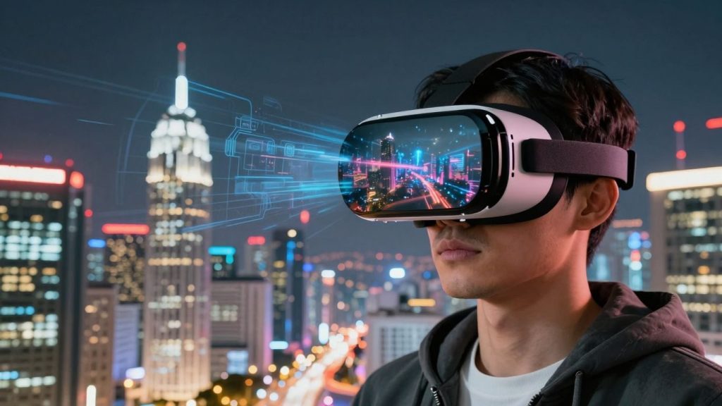 Persoană în realitate virtuală explorând un oraș digital.