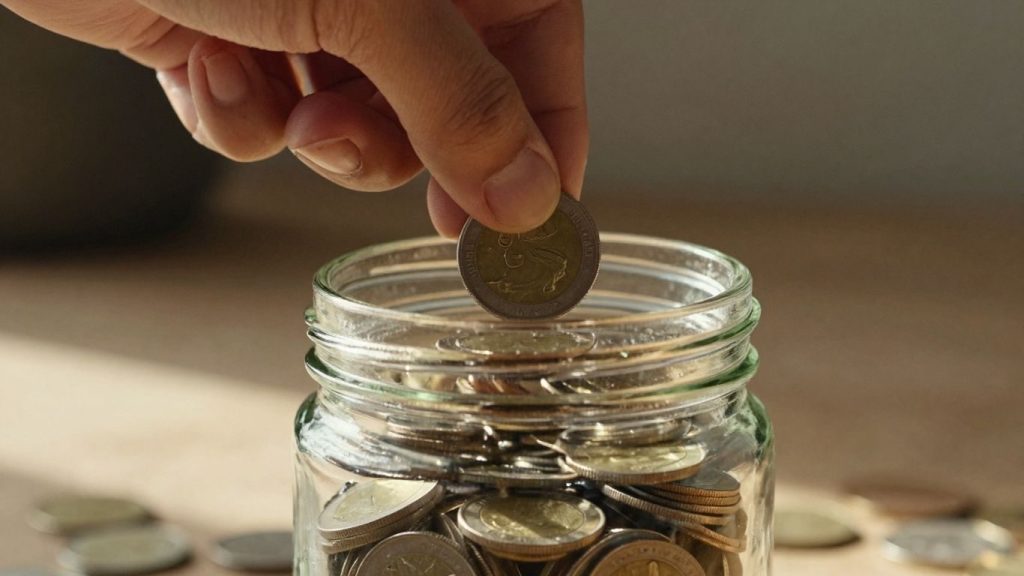 Mână punând o monedă într-un borcan plin cu bani.