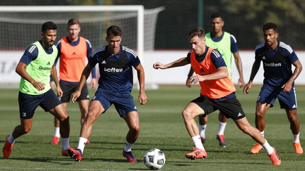 Fotbaliști în timpul unui antrenament intens pe teren.