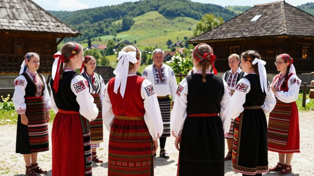 Oameni în costume tradiționale românești într-un peisaj rural.