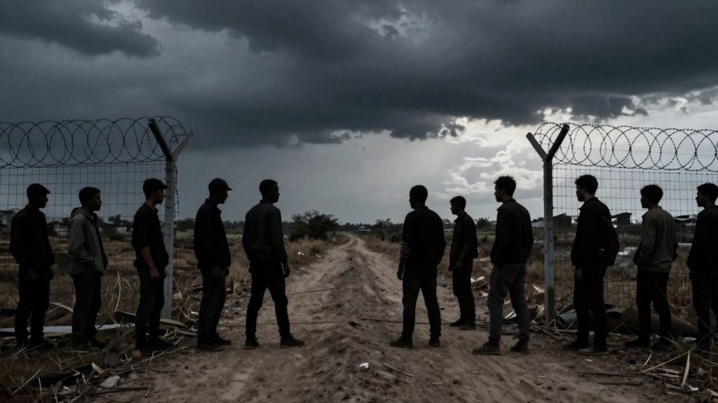 Tensiuni la graniță, graniță divizată, figuri siluetate, cer furtunos.