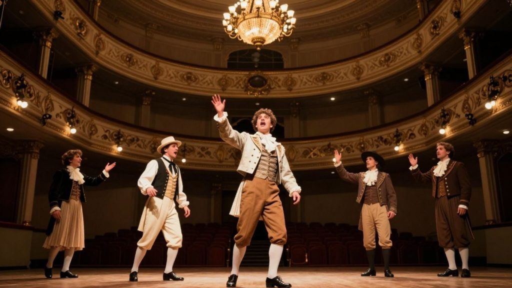 Scenă de teatru românesc istoric cu actori în costume elaborate.