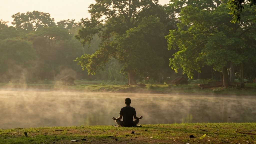Persoană meditând lângă un lac liniștit la răsărit.