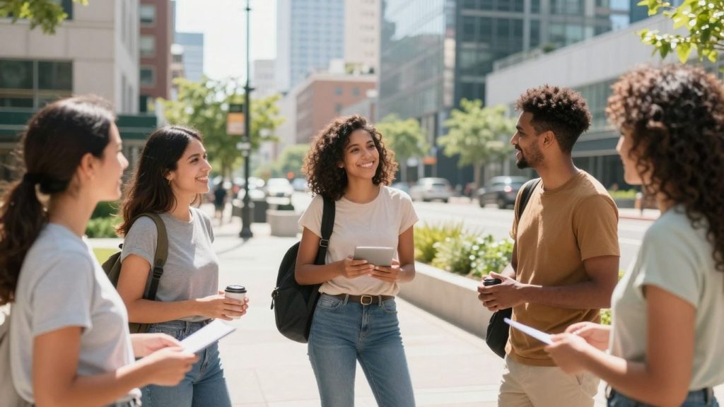 Oamenii interacționează într-un oraș modern și curat.