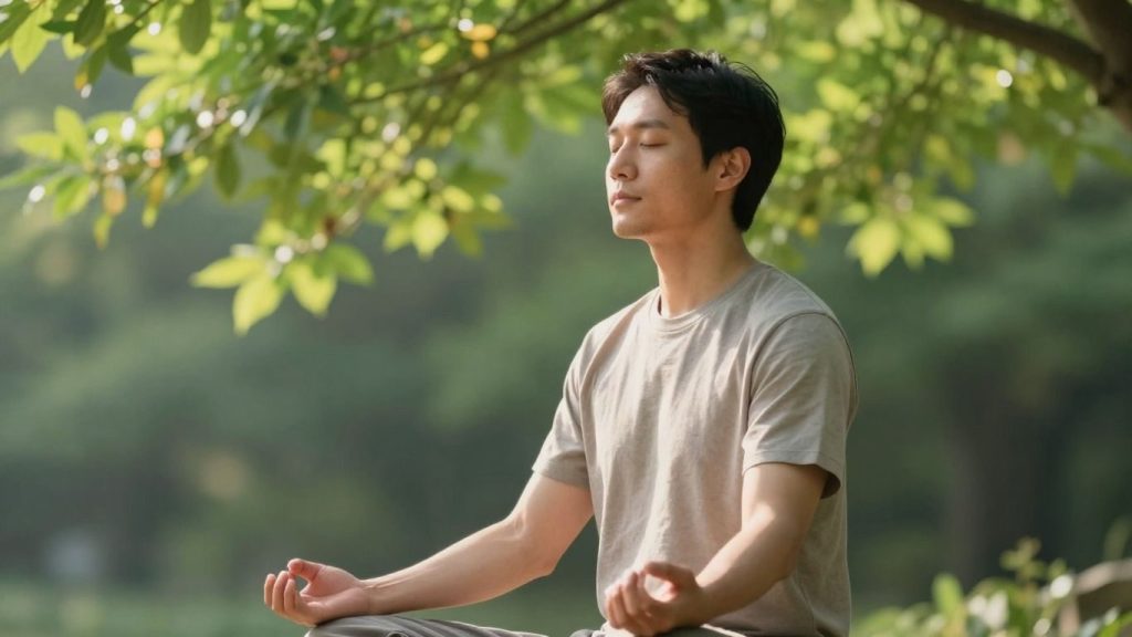 Femeie meditând în natură pentru gestionarea stresului.