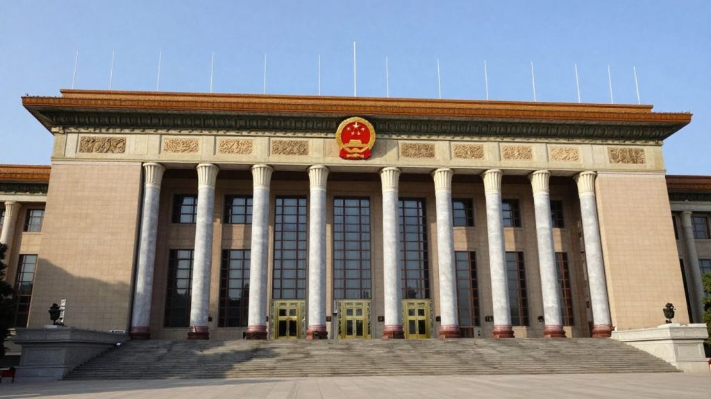 Clădire guvernamentală cu coloane și steaguri.