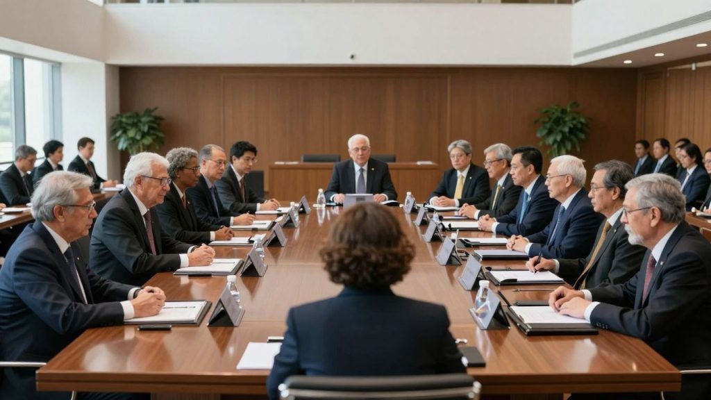 Lideri mondiali la o masă rotundă discutând.