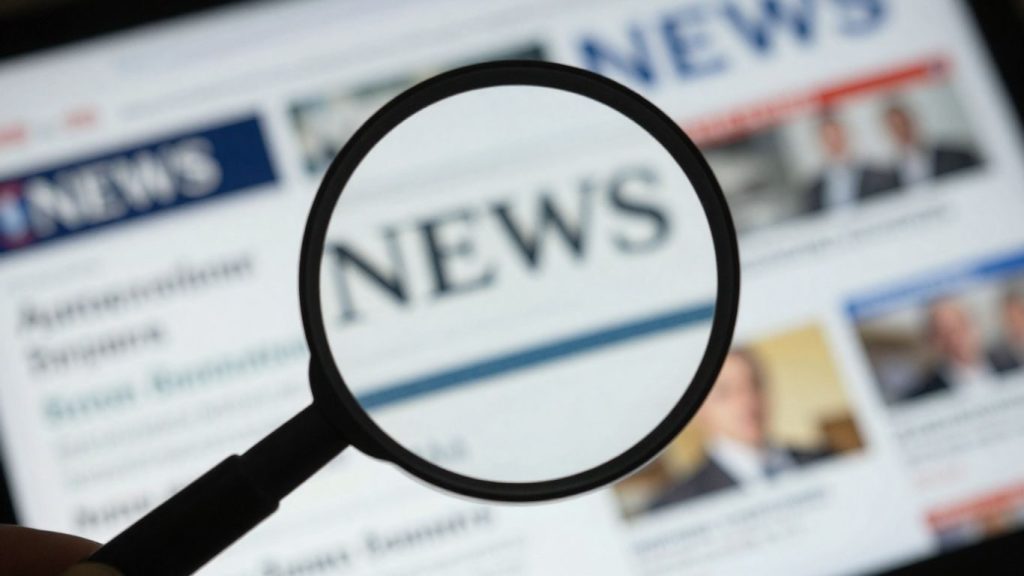 Lupă examinând știri digitale distorsionate.