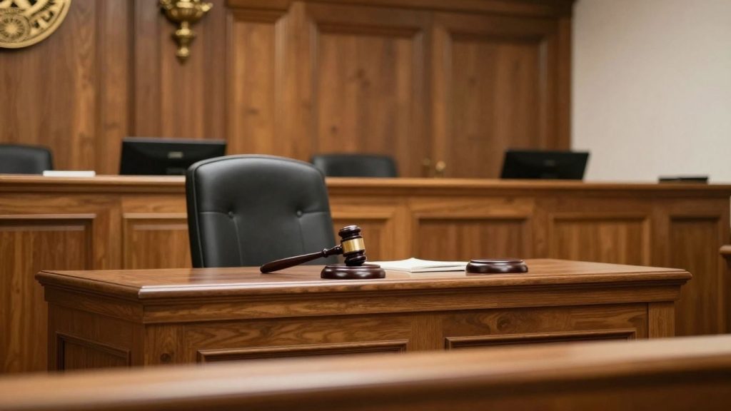 Sala de judecată cu ciocanul judecătorului.