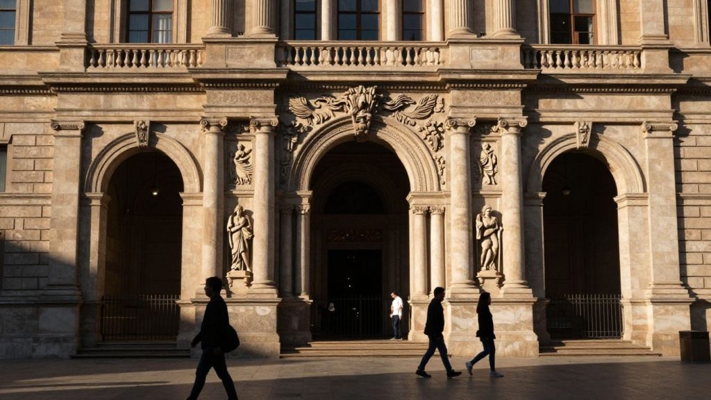 Muzeu românesc, arhitectură clasică, vizitatori.