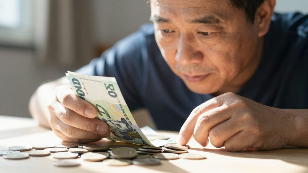 Persoană matură analizând bani și monede.