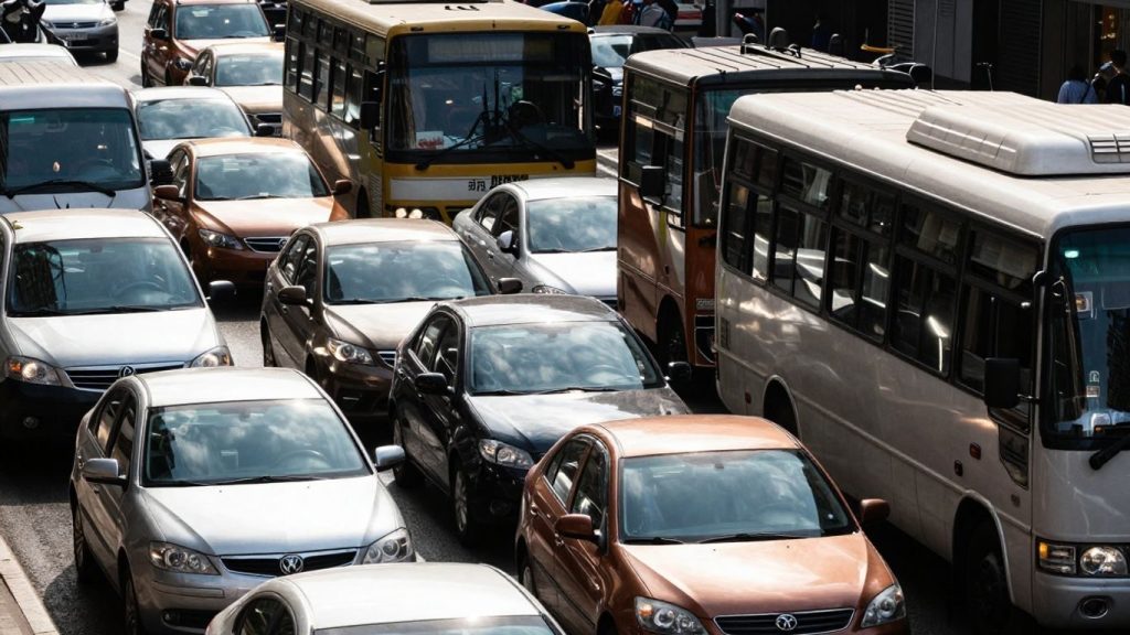 Mașini blocate într-un trafic urban aglomerat.