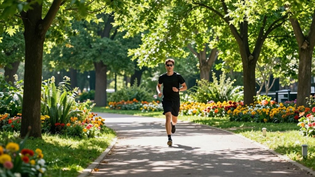 Persoană alergând într-un parc însorit, înconjurat de natură.