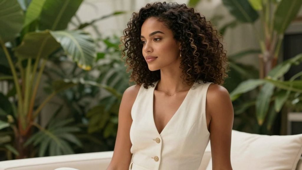 Femeie elegantă într-un peisaj natural luxos.