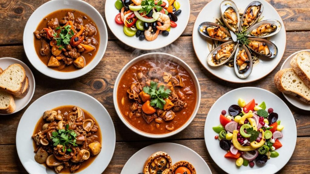 Masa plină cu diverse preparate culinare delicioase.