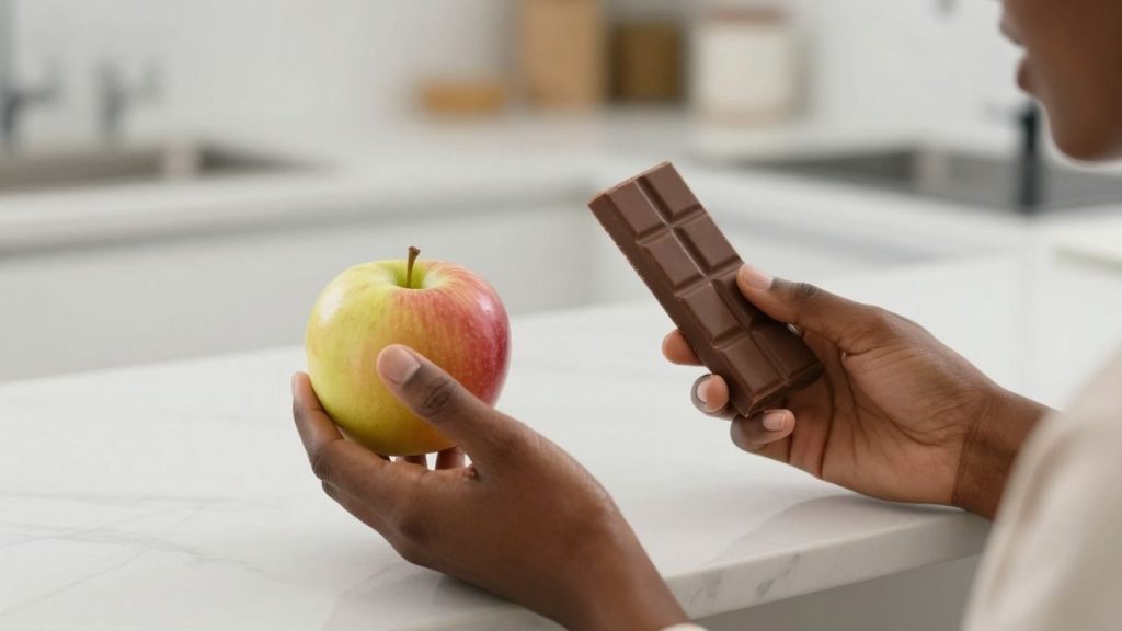 Persoană alegând între fructe și dulciuri.