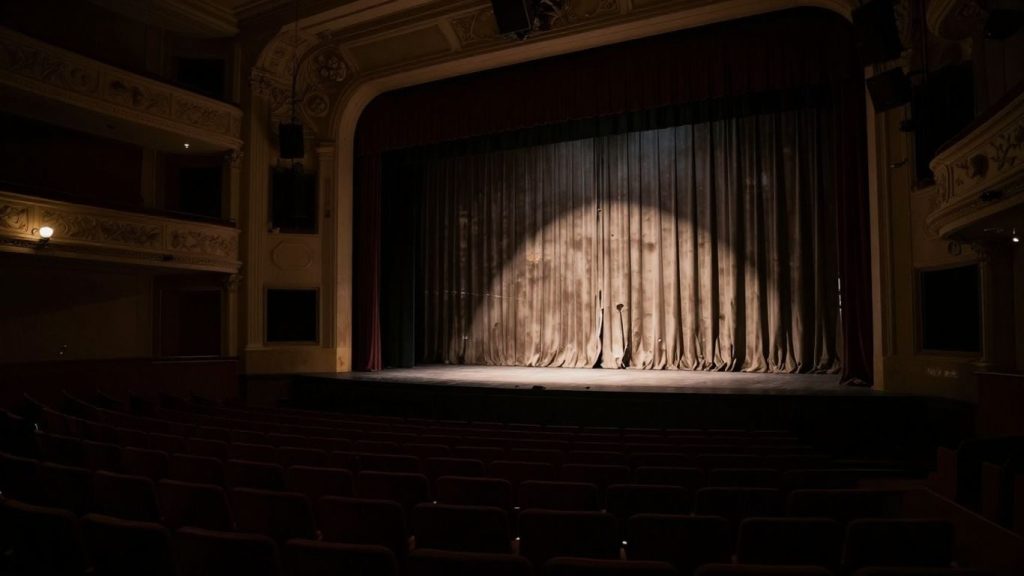 Teatru gol cu cortina închisă, simbolizând accesul limitat la cultură.