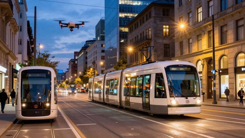 Oraș inteligent cu transport modern și drone.