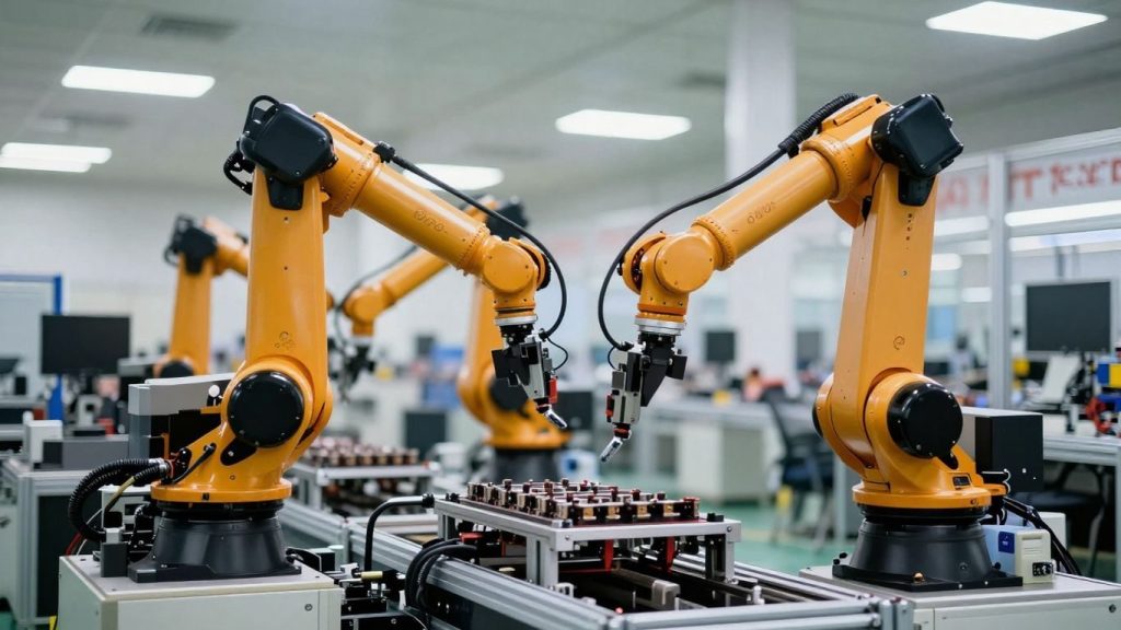 Roboți industriali lucrează pe o linie de producție modernă.