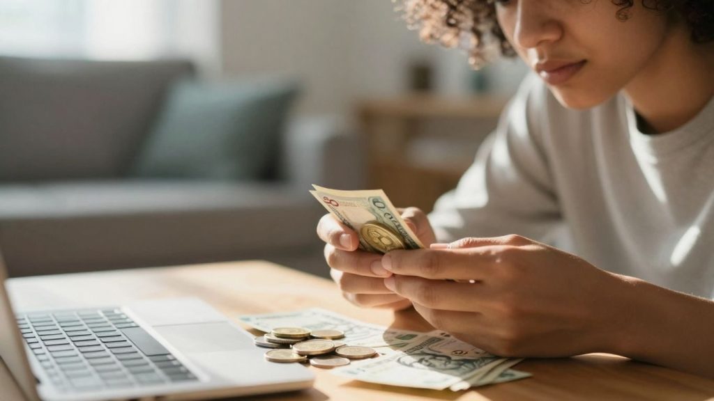 Persoană analizând bani și monede cu atenție.