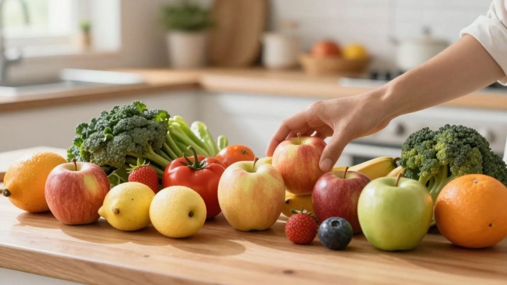 Fructe proaspete si legume pe un blat de bucatarie.