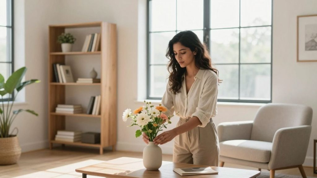 Femeie aranjând flori într-un apartament elegant și luminos.