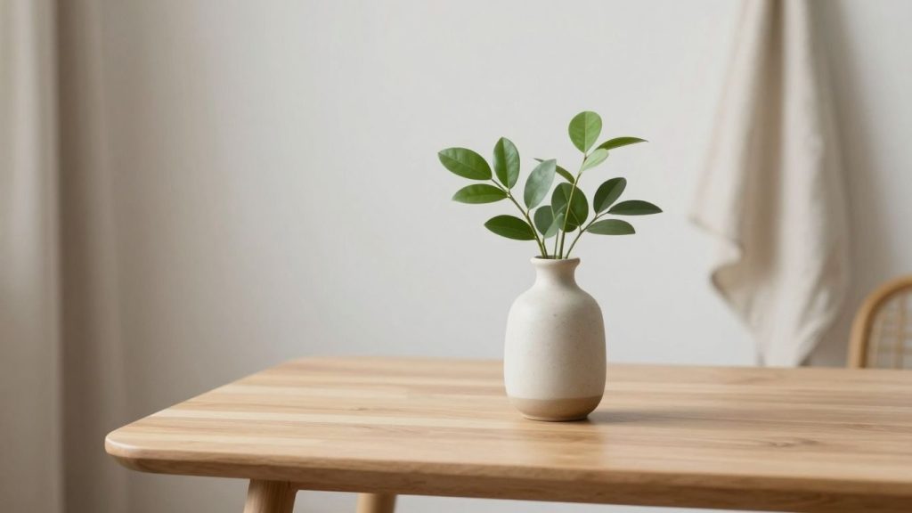 Spațiu minimalist curat cu lumină naturală și o plantă.