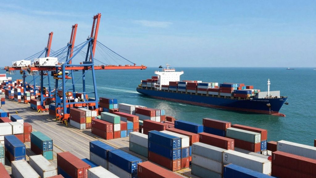 Nave cargo în port, containere, ocean, comerț internațional.