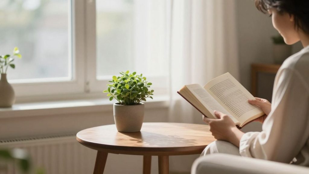 Persoană relaxată citind o carte lângă fereastră.