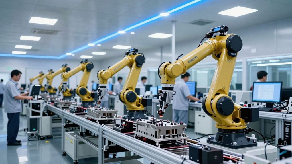 Robotic arms in a modern factory