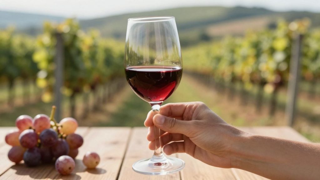 Sticlă de vin roșu într-o mână, cu un peisaj viticol.