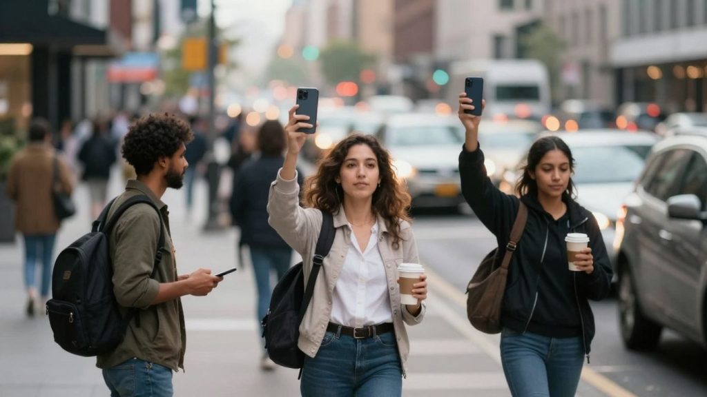 Oameni ocupați pe o stradă aglomerată din orașul modern.