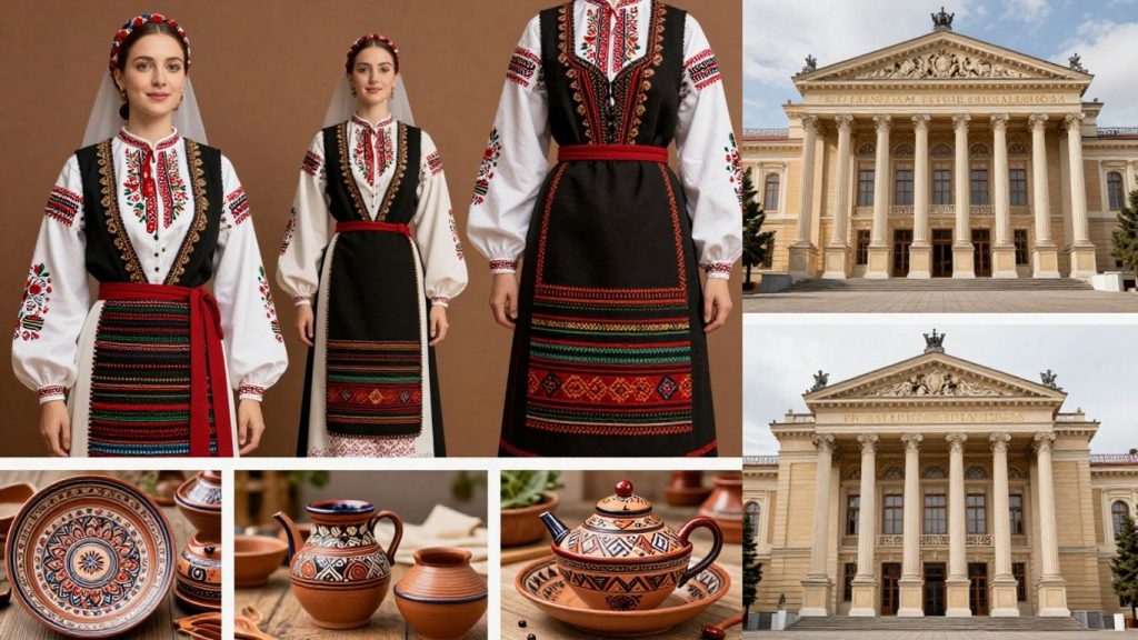 Costume populare românești și elemente arhitecturale.