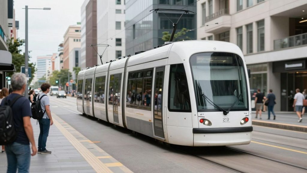 Modern tram în oraș, navetiști așteptând.