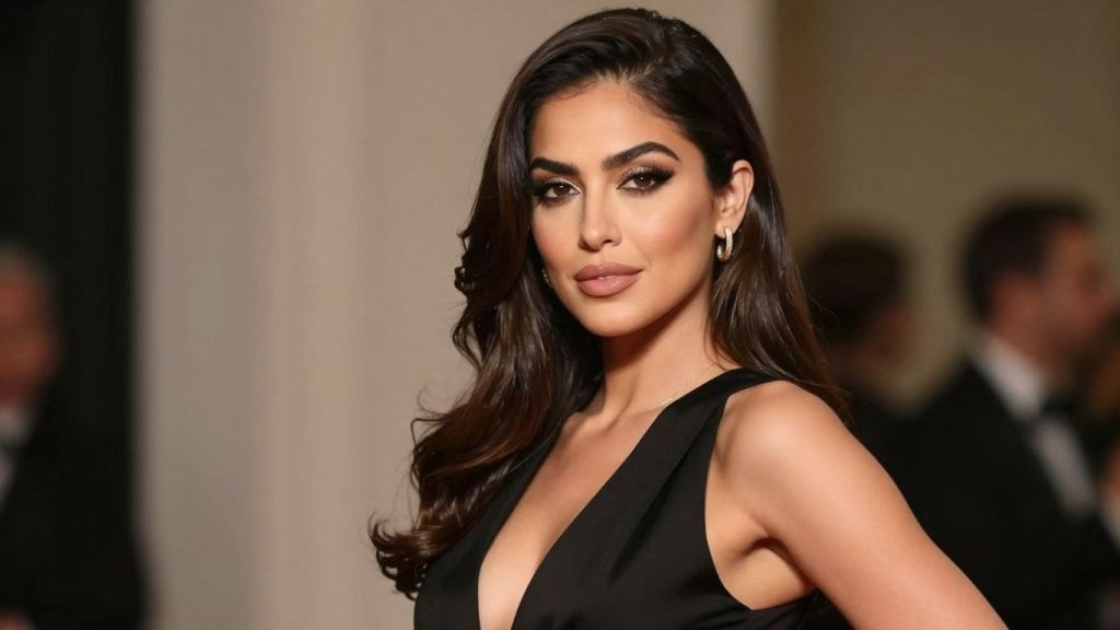 Femeie elegantă cu ținută rafinată și machiaj clasic.