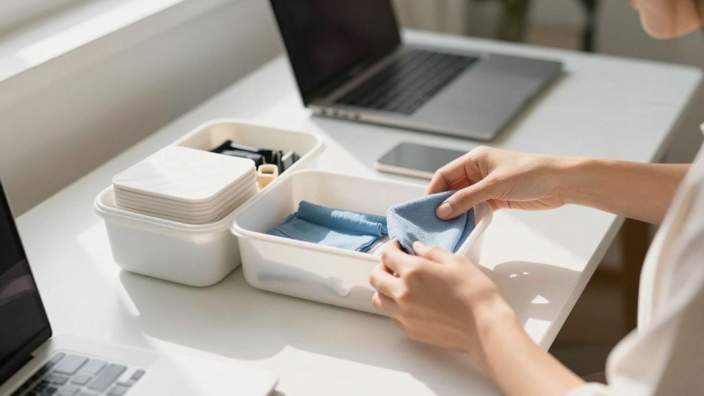 Femeie organizând spațiul de lucru pentru claritate mentală.