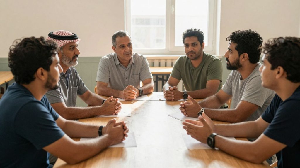 Oameni discutând la o masă într-o sală comunitară.